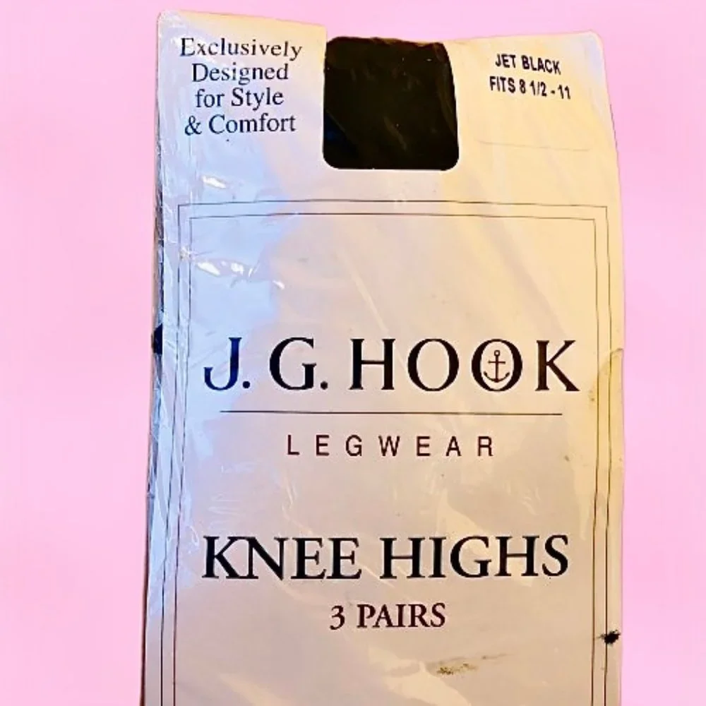 Vintage J.G. Hook Nylon KNEE HIGH Stockings Jet Black Lot of 3 Pairs New